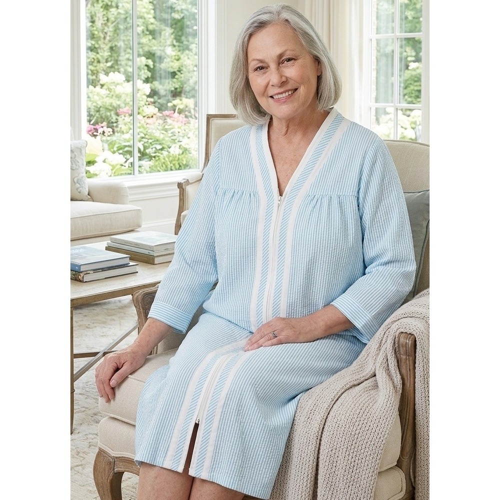 Kay Anna Seersucker Zip Front Robe Housecoat Womens L Blue White Pockets Grandma